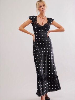 Butterfly Babe Black Polka Dot Lace-Trim Maxi Dress